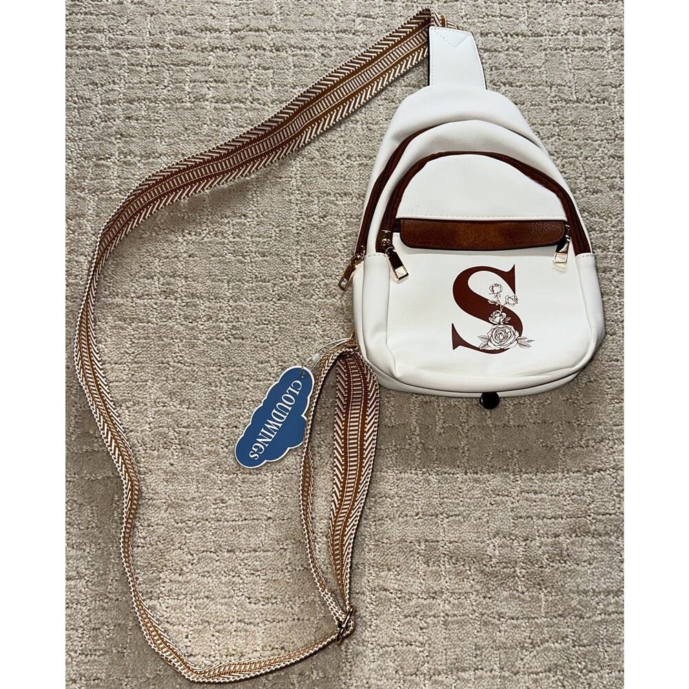 CLOUD WINGS White Monogram S Sling Backpack With Floral Detail Adjustable Strap - Picture 6 of 6